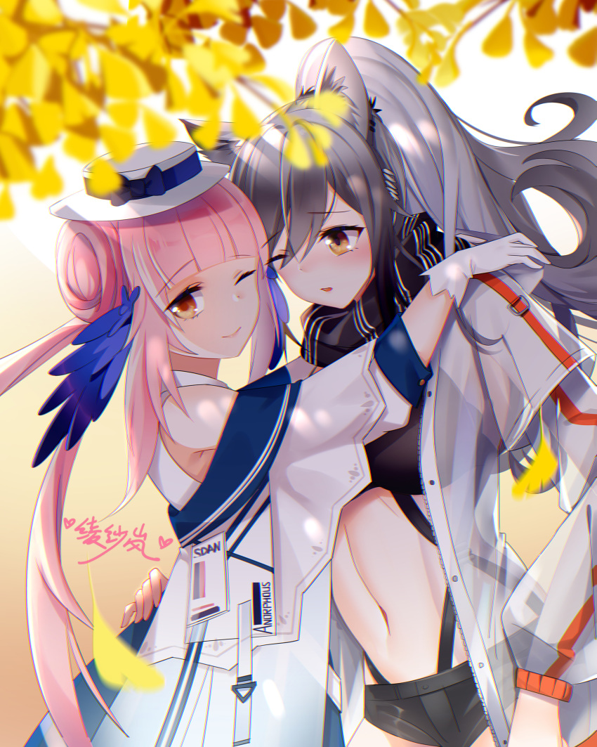 2girls ;) absurdres animal_ear_fluff animal_ears arknights autumn_leaves bangs bare_shoulders black_scarf black_shorts blue_dress blunt_bangs blush bow breasts cat_ears ceylon_(arknights) chinese_commentary commentary_request cowboy_shot crop_top dress eyebrows_visible_through_hair gloves gradient gradient_background groin hair_between_eyes hands_on_another's_shoulders hat hat_bow highres jacket lanelise large_breasts long_hair long_ponytail looking_at_another looking_at_viewer midriff multiple_girls navel off-shoulder_jacket one_eye_closed open_clothes open_jacket parted_lips pink_hair ponytail scarf schwarz_(arknights) short_shorts shorts signature silver_hair simple_background smile standing white_gloves white_headwear white_jacket yellow_eyes