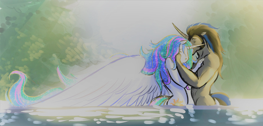 anthro anthro_on_anthro bgn biceps black_hair cutie_mark duo edit equid equine eyes_closed feathered_wings feathers female friendship_is_magic hair hand_on_head hasbro hi_res horn king_sombra_(mlp) male male/female mammal multicolored_hair my_little_pony nude partially_submerged princess_celestia_(mlp) romantic_ambiance side_view unicorn water winged_unicorn wings