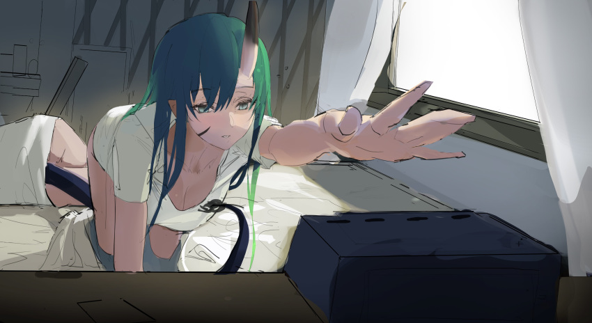 1s44c 2girls absurdres alarm_clock arknights ass bangs bed blanket breasts ch'en_(arknights) cleavage clock commentary_request curtains dragon_tail green_eyes green_hair hair_between_eyes highres horns hoshiguma_(arknights) indoors large_breasts long_hair lying multiple_girls on_side oni_horns outstretched_hand scar shirt short_sleeves single_horn tail thighs waking_up white_shirt window work_in_progress