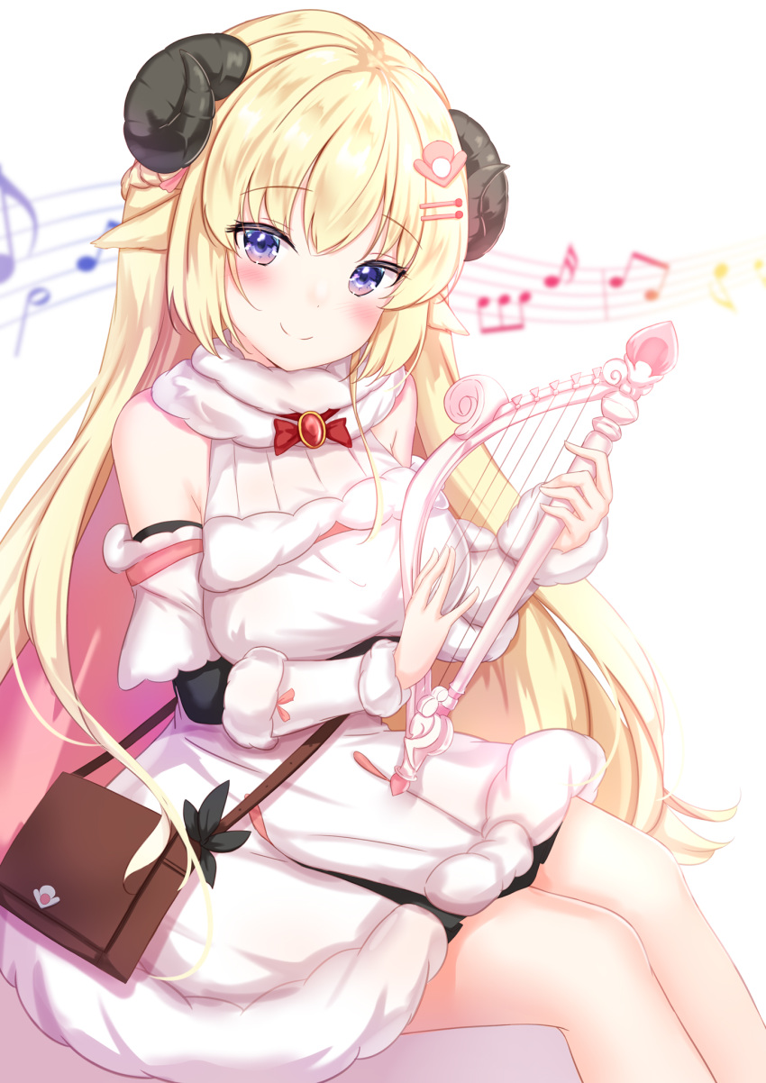 1girl animal_ears blonde_hair breasts detached_sleeves dress eyebrows_visible_through_hair fur_trim hair_ornament hairclip harp highres hololive horns instrument large_breasts long_hair long_sleeves looking_at_viewer music musical_note playing_instrument pocketbook purple_eyes rainbow_gradient sheep_girl sheep_horns sidelocks simple_background sitting smile solo staff_(music) tsunomaki_watame virtual_youtuber white_background white_dress yuano