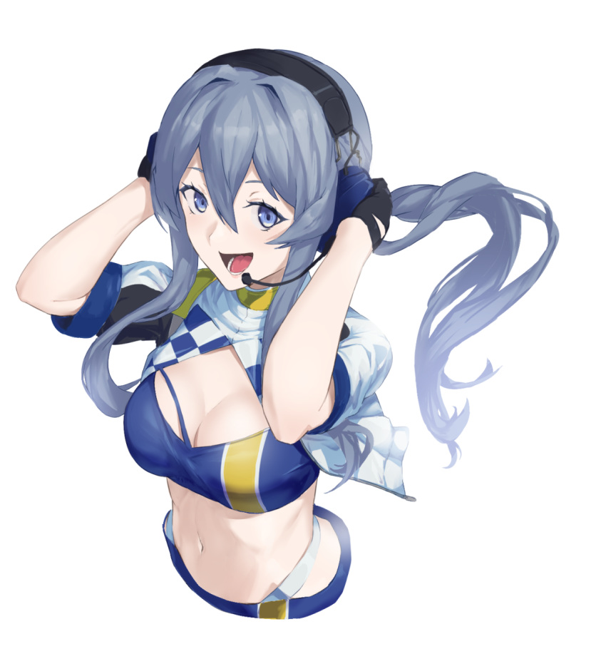 1girl bandeau bangs black_gloves blue_eyes blue_hair breasts cleavage cropped_jacket cropped_torso gloves gotland_(kantai_collection) hair_between_eyes headphones headset highres jacket kantai_collection long_hair medium_breasts mole mole_under_eye race_queen simple_background solo tsukira_(amayadori) white_background white_jacket