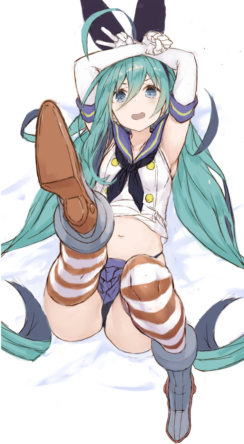 1girl absurdres aqua_eyes aqua_hair black_hairband black_neckwear black_panties blue_sailor_collar cosplay crop_top elbow_gloves gloves hairband highleg highleg_panties highres kantai_collection kiyoshimo_(kantai_collection) long_hair looking_at_viewer lying microskirt miniskirt neckerchief panties ryo_(tg290) sailor_collar shimakaze_(kantai_collection) shimakaze_(kantai_collection)_(cosplay) skirt solo striped striped_legwear thighhighs twintails underwear white_gloves