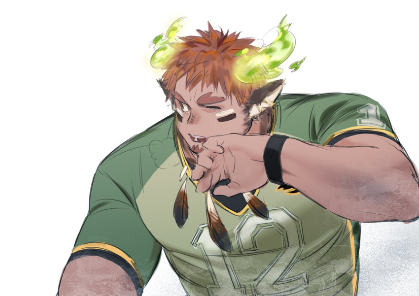 1boy absurdres animal_ears bara breath brown_hair cow_ears dark_skin dark_skinned_male facial_hair forked_eyebrows glowing_horns goatee green_shirt highres horns looking_at_viewer looking_to_the_side male_focus muscle one_eye_closed pectorals quirrel_(gharnedanshyo) rugby_uniform shirt short_hair short_sleeves sideburns simple_background sketch solo sportswear thick_eyebrows tokyo_houkago_summoners upper_body wakan_tanka wiping_face