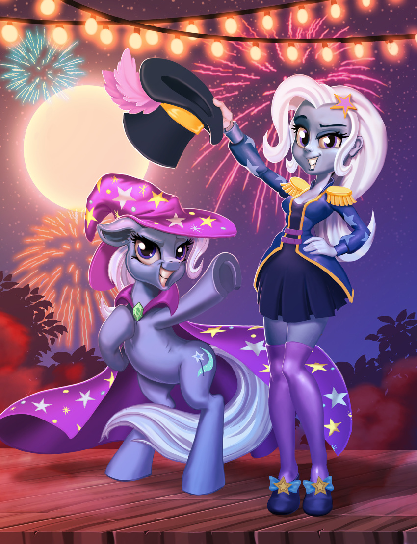 bottomwear cape clothing equid equine female fireworks friendship_is_magic full_moon harwick hasbro hat headgear headwear hi_res hooves horse human mammal moon my_little_pony pony purple_eyes skirt square_crossover stage top_hat trixie_(eg) trixie_(mlp) witch_hat wizard_hat