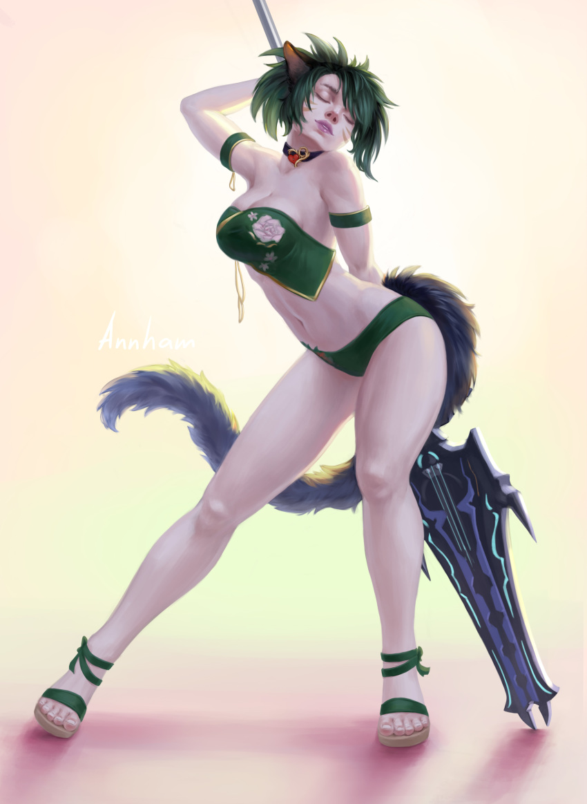 absurd_res animal_humanoid annham anthro breasts cat_humanoid cat_tail clothing collar dancing felid felid_humanoid feline feline_humanoid female final_fantasy final_fantasy_xiv green_clothing green_hair hair hi_res human humanoid hybrid jewelry mammal mammal_humanoid melee_weapon miqo'te necklace pole pole_dancing polearm solo solo_focus spear square_enix swimwear video_games weapon