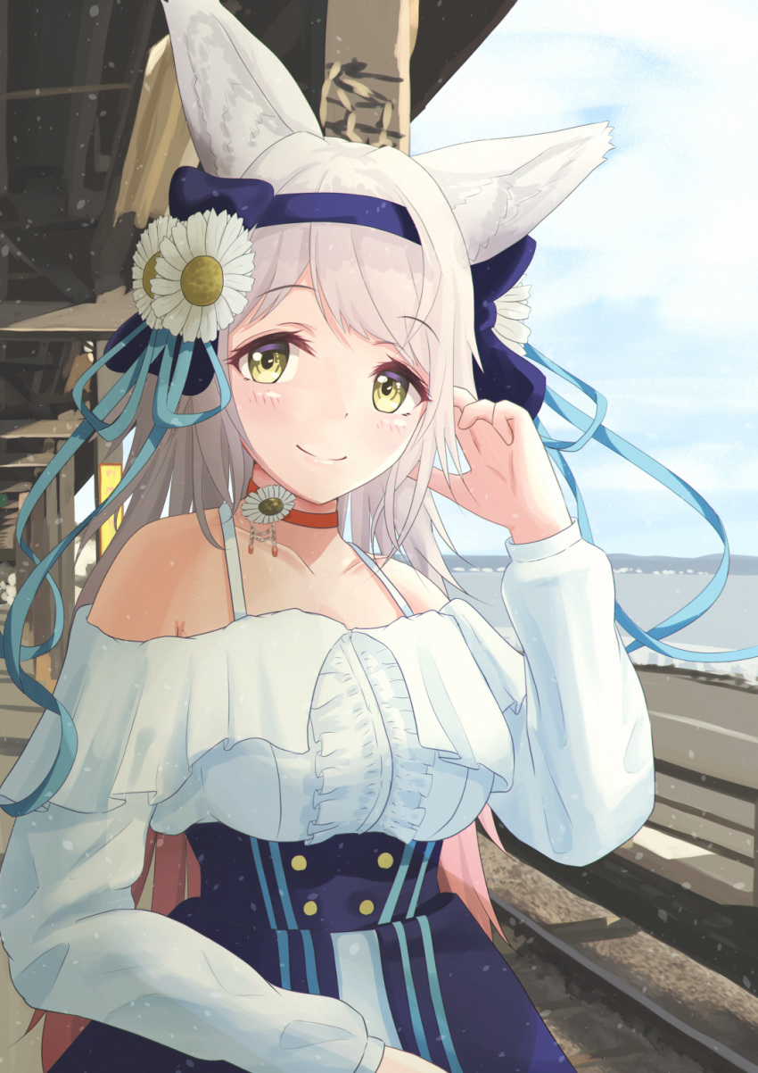 1girl animal_ear_fluff animal_ears arm_up bangs blue_skirt blue_sky blurry blurry_background breasts choker cloud daisy day eyebrows_visible_through_hair flower hair_flower hair_ornament hair_ribbon hand_in_hair highres indie_virtual_youtuber kurou_satsuki large_breasts light_particles long_hair looking_at_viewer mountainous_horizon off-shoulder_shirt off_shoulder outdoors pink_hair raglan_sleeves railroad_tracks red_choker ribbon road sena_(illust_sena) shirt skirt sky smile solo standing striped striped_skirt swept_bangs train_station train_station_platform underbust upper_body very_long_hair virtual_youtuber water white_shirt wolf_ears yellow_eyes