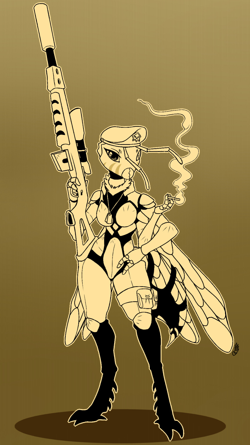 antennae_(anatomy) anthro arthropod bee beret breasts cigarette clothing female fur gun hat headgear headwear hi_res holding_gun holding_object holding_weapon hymenopteran insect insect_wings looking_at_viewer maddworld non-mammal_breasts nude ranged_weapon rifle scope simple_background smoke sniper sniper_rifle solo vertical_mouth weapon wings