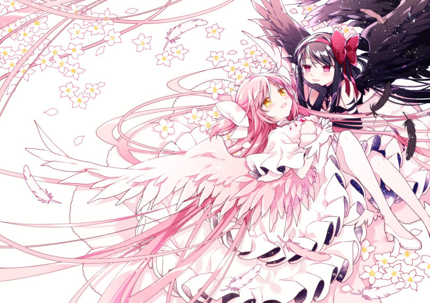 2girls absurdly_long_hair akemi_homura akuma_homura angel_wings arm_support ayumaru_(art_of_life) bare_shoulders black_feathers black_gloves black_hair black_wings chin_rest cleavage_cutout clothing_cutout commentary_request dot_nose dress elbow_gloves eyebrows_visible_through_hair facing_viewer feathered_wings feathers flower frilled_dress frilled_sleeves frills gloves hair_ribbon half-closed_eyes hands_on_own_chest happy high_heels kaname_madoka knees_together_feet_apart layered_dress legs_up light_blush light_particles light_smile long_dress long_hair looking_at_another looking_down looking_up lying mahou_shoujo_madoka_magica mahou_shoujo_madoka_magica_movie multiple_girls on_back on_stomach parted_lips petals pink_feathers pink_hair pink_legwear pink_wings purple_eyes red_ribbon ribbon shiny shiny_hair simple_background straight_hair two_side_up ultimate_madoka very_long_hair white_background white_dress white_feathers white_flower white_footwear white_gloves white_ribbon wide_shot wide_sleeves winged_footwear wings yellow_eyes