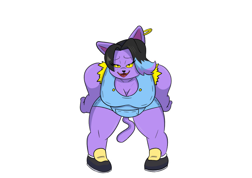 absurd_res anthro bedroom_eyes belly bent_over big_breasts black_hair blue_highlights breasts catty_(undertale) chubby_anthro chubby_female cleavage clothed clothing diddly_doo domestic_cat ear_piercing ear_ring fangs felid feline felis female footwear front_view fully_clothed fur hair hands_on_hips hi_res highlights_(coloring) looking_at_viewer mammal narrowed_eyes open_mouth open_smile overalls overweight overweight_anthro overweight_female piercing pigeon_toed pupils purple_body purple_fur purple_highlights seductive shoes short_hair simple_background slightly_chubby slit_pupils smile smug solo standing thick_thighs undertale video_games wide_hips yellow_sclera