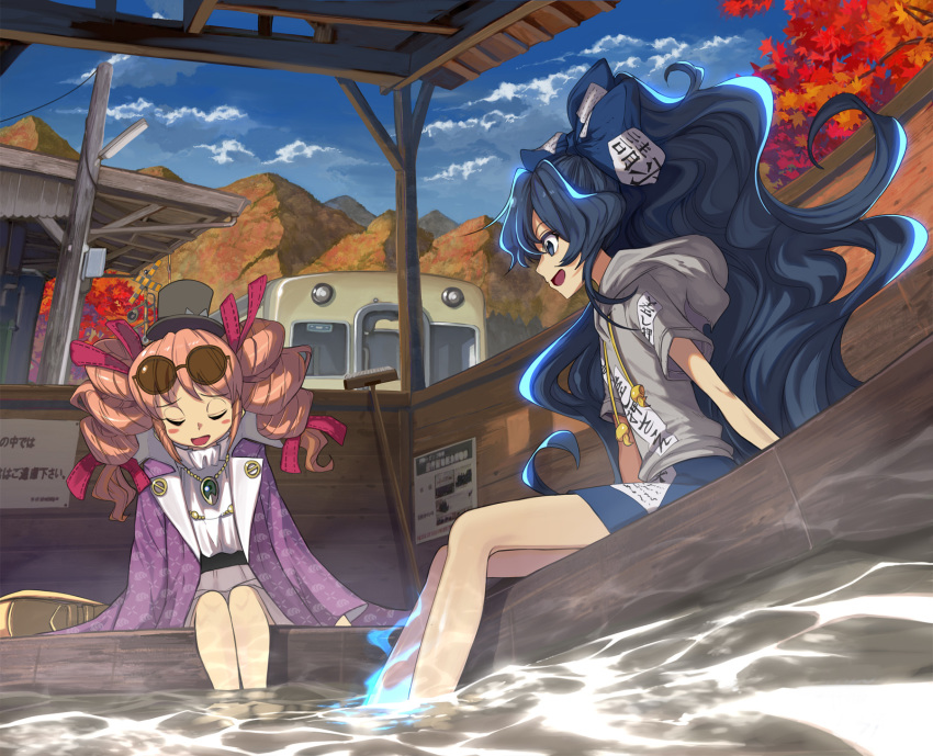 2girls ashiyu aura autumn autumn_leaves bag belt blue_eyes blue_hair blue_skirt blue_sky blush_stickers bow broom closed_eyes cloud commentary_request debt drawstring dress drill_hair eyewear_on_head fisheye grey_hoodie ground_vehicle hair_bow handbag hat highres hood hood_down hoodie jacket jewelry leaning_to_the_side long_hair long_sleeves looking_at_another mini_hat mini_top_hat miniskirt mountain multiple_girls necklace open_clothes open_jacket open_mouth pendant pink_hair ponytail purple_jacket scenery shope short_hair siblings sideways_mouth sign sisters sitting skirt sky soaking_feet sunglasses top_hat touhou train train_station twin_drills unmoving_pattern very_long_hair white_dress yorigami_jo'on yorigami_shion