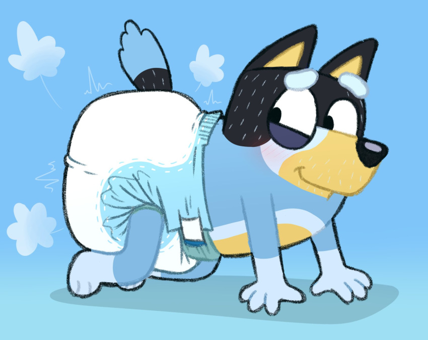 all_fours anthro bandit_(bluey) bluey_(show) canid canine canis clean_diaper diaper diaper_fetish digital_media_(artwork) disney domestic_dog fur hi_res kneeling male mammal simple_background smile solo tenerius