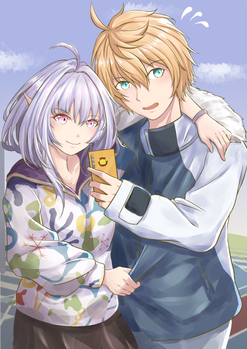 1boy 1girl absurdres aqua_eyes arthur_pendragon_(fate) black_skirt blonde_hair blue_sky blush cellphone cloud collarbone commentary_request fate/grand_order fate_(series) fur-trimmed_jacket fur_trim hair_between_eyes hair_ornament highres holding holding_phone jacket merlin_(fate/prototype) niaot phone purple_eyes short_hair silver_hair skirt sky smartphone smile sweatdrop wristband