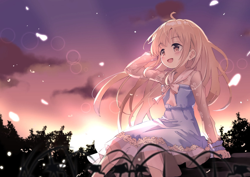 1girl backlighting bangs blue_dress blurry bokeh brown_eyes commentary depth_of_field dress eyebrows_visible_through_hair futaba_anzu gradient_sky greatpengh hand_in_hair highres idolmaster idolmaster_cinderella_girls light_brown_hair light_particles long_hair long_sleeves looking_to_the_side medium_dress open_mouth orange_sky outdoors purple_sky sitting sky smile solo sunset symbol_commentary