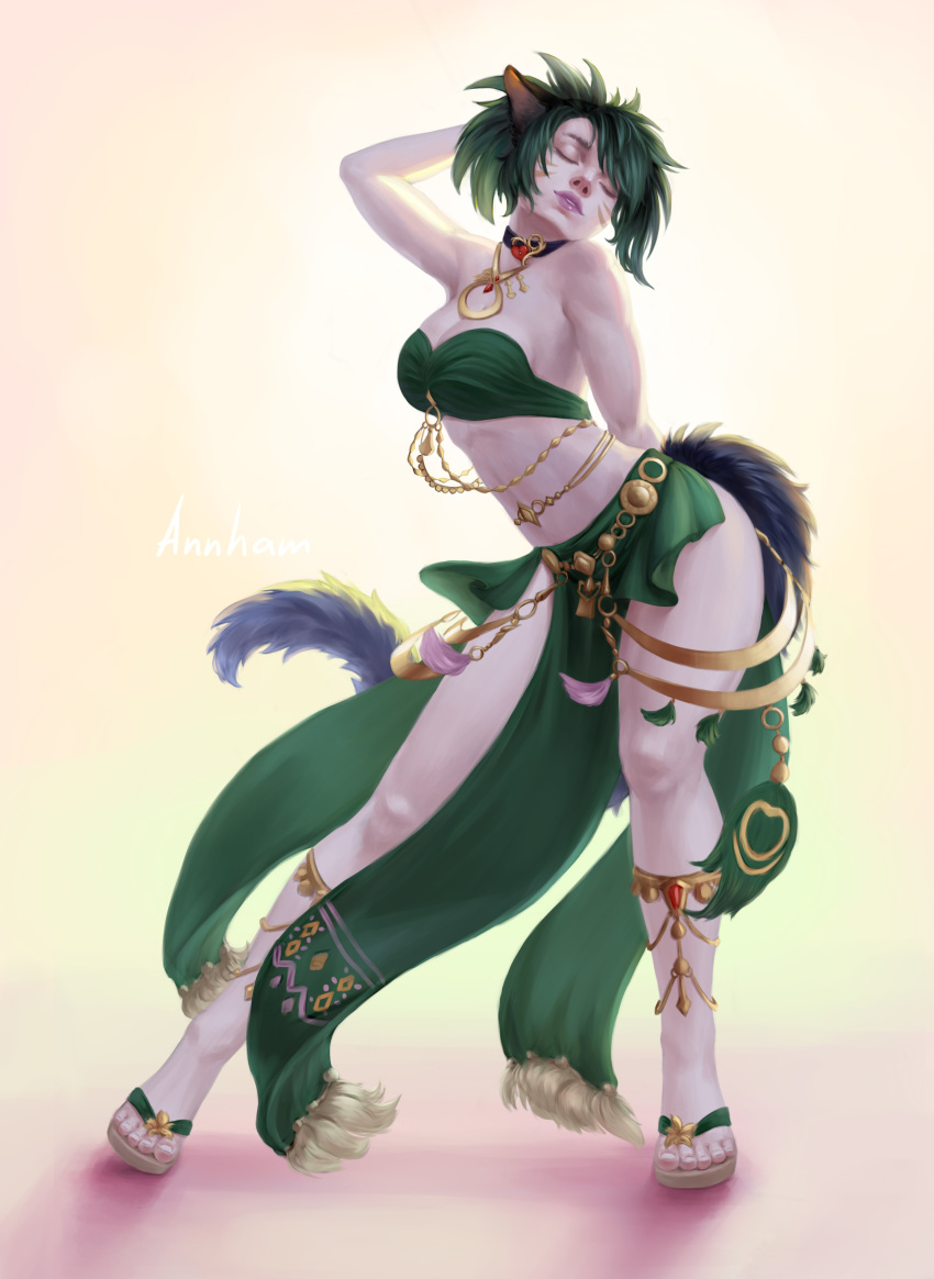 absurd_res animal_humanoid annham anthro breasts cat_humanoid cat_tail clothing collar dancing felid felid_humanoid feline feline_humanoid female final_fantasy final_fantasy_xiv gold_(metal) green_clothing green_hair hair hi_res human humanoid hybrid jewelry mammal mammal_humanoid miqo'te necklace pole pole_dancing solo solo_focus square_enix swimwear video_games