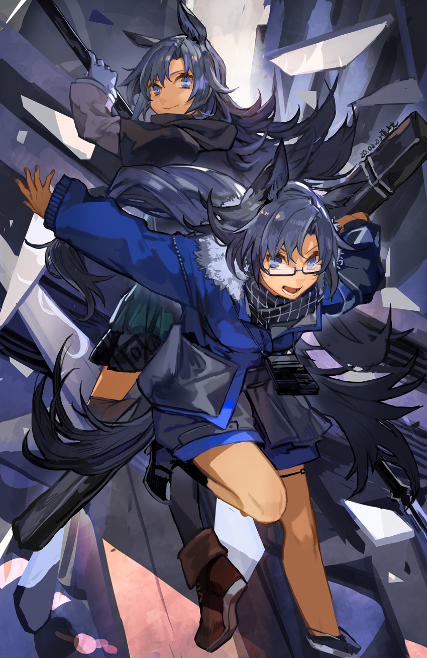 1girl animal_ears arknights bangs black_coat black_jacket black_scarf blue_dress blue_eyes blue_hair blue_jacket blue_nails breasts closed_mouth coat commentary dated dress dual_persona fang_(arknights) fur-trimmed_jacket fur_trim glasses gloves highres horse_ears jacket long_hair looking_at_viewer medium_breasts nail_polish off_shoulder official_alternate_costume open_mouth parted_bangs plaid plaid_scarf polearm scarf semi-rimless_eyewear signature smile solo spear thighs toujou_bun weapon weapon_bag white_gloves