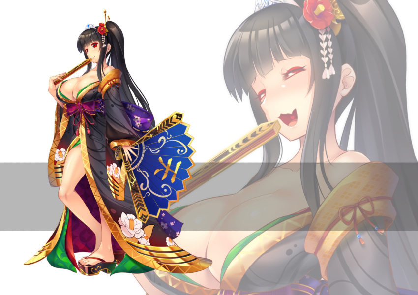 1girl bare_legs black_hair breasts detached_sleeves fan flower geisha geta hair_flower hair_ornament hairpin huge_breasts japanese_clothes jewelry kimono long_hair luupechi obi off_shoulder original ponytail red_eyes sandals sash smile tiara