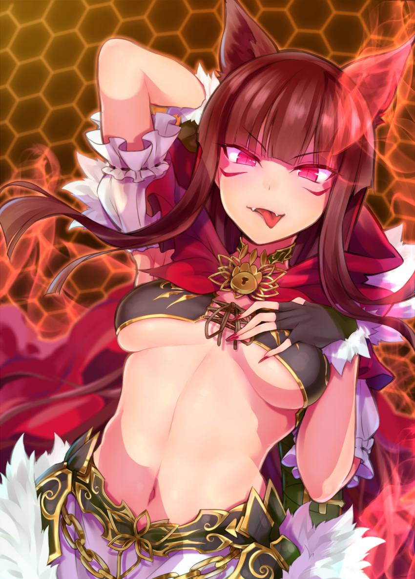 1girl amo_takumi animal_ears arm_behind_head breasts brown_hair capelet fangs fingerless_gloves fingernails frills fur_trim gloves glowing glowing_eyes hexagon highres kureha_(666)_(sound_voltex) kureha_(sound_voltex) long_hair looking_at_viewer medium_breasts midriff navel pink_eyes solo sound_voltex tagme tongue tongue_out underboob wolf_ears