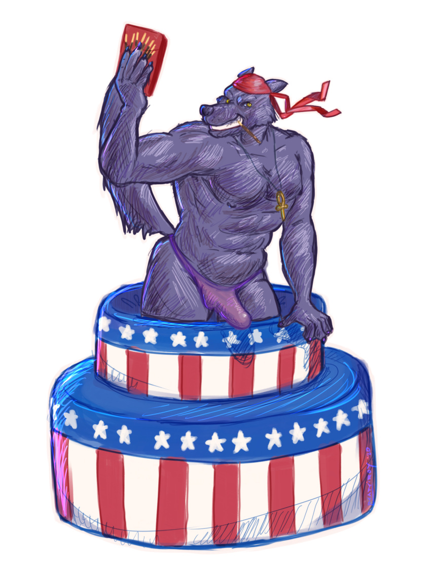 3:4 alexyorim alpha_channel ankh anthro bandanna bulge cake canid canine canis dessert food gesture grin hi_res jewelry kerchief lupine_assassin male mammal muscular muscular_anthro muscular_male necklace pocky pocky_day pocky_in_mouth purple_thong raised_tail simple_background smile solo stars_and_stripes text transparent_background united_states_of_america wolf