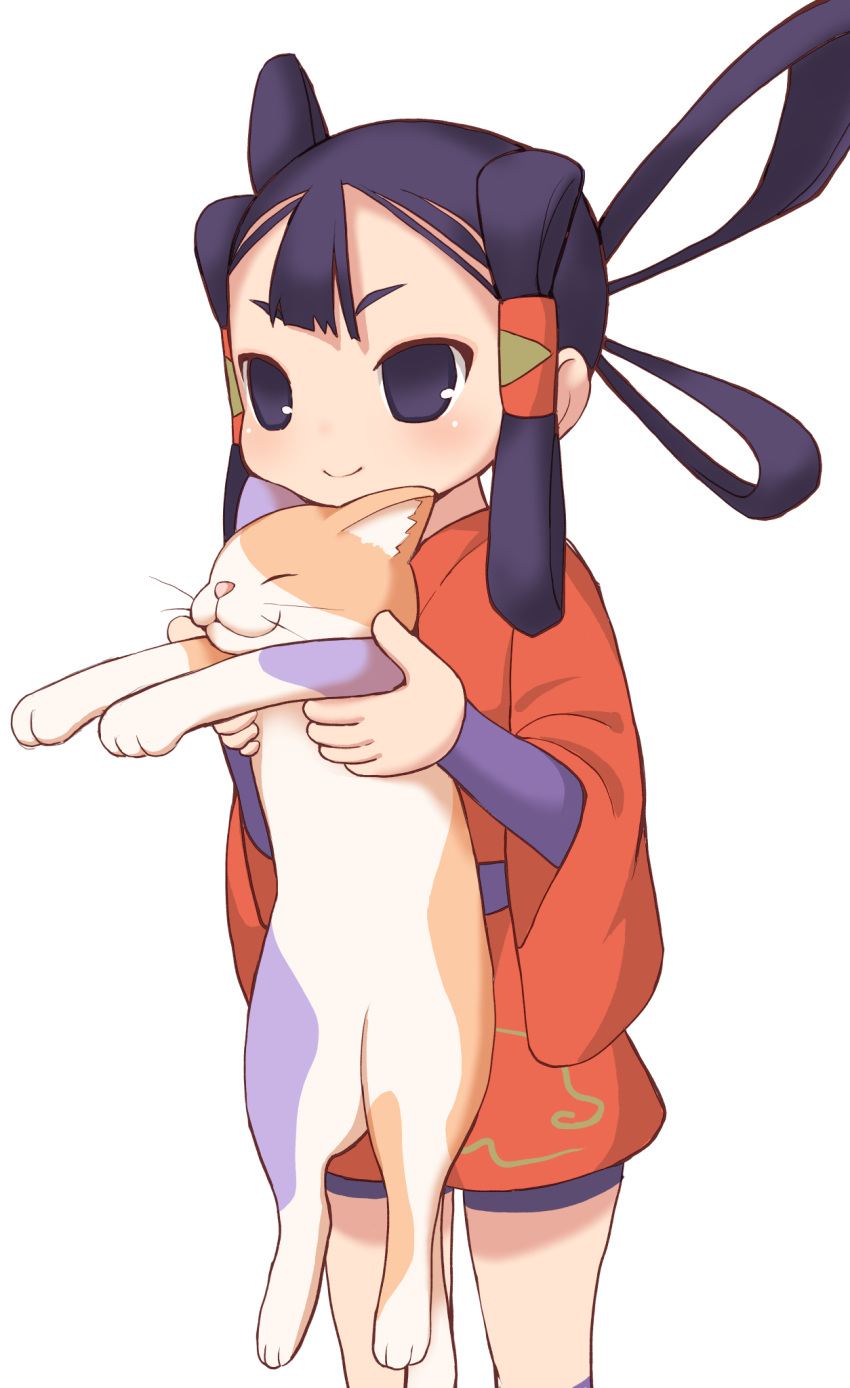 1girl animal black_eyes black_hair blush cat commentary_request feet_out_of_frame hair_rings hair_tubes highres holding holding_animal holding_cat japanese_clothes kimono long_hair red_kimono sakuna-hime shorts simple_background smile tensui_no_sakuna-hime tobio_(honya) white_background