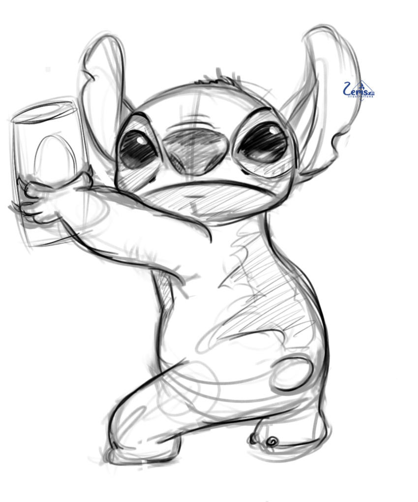 2020 4_fingers alien black_and_white claws disney experiment_(lilo_and_stitch) fingers hi_res holding_object lilo_and_stitch male male_(lore) monochrome notched_ear sketch small_tail solo standing stitch_(lilo_and_stitch) zerisillustrate