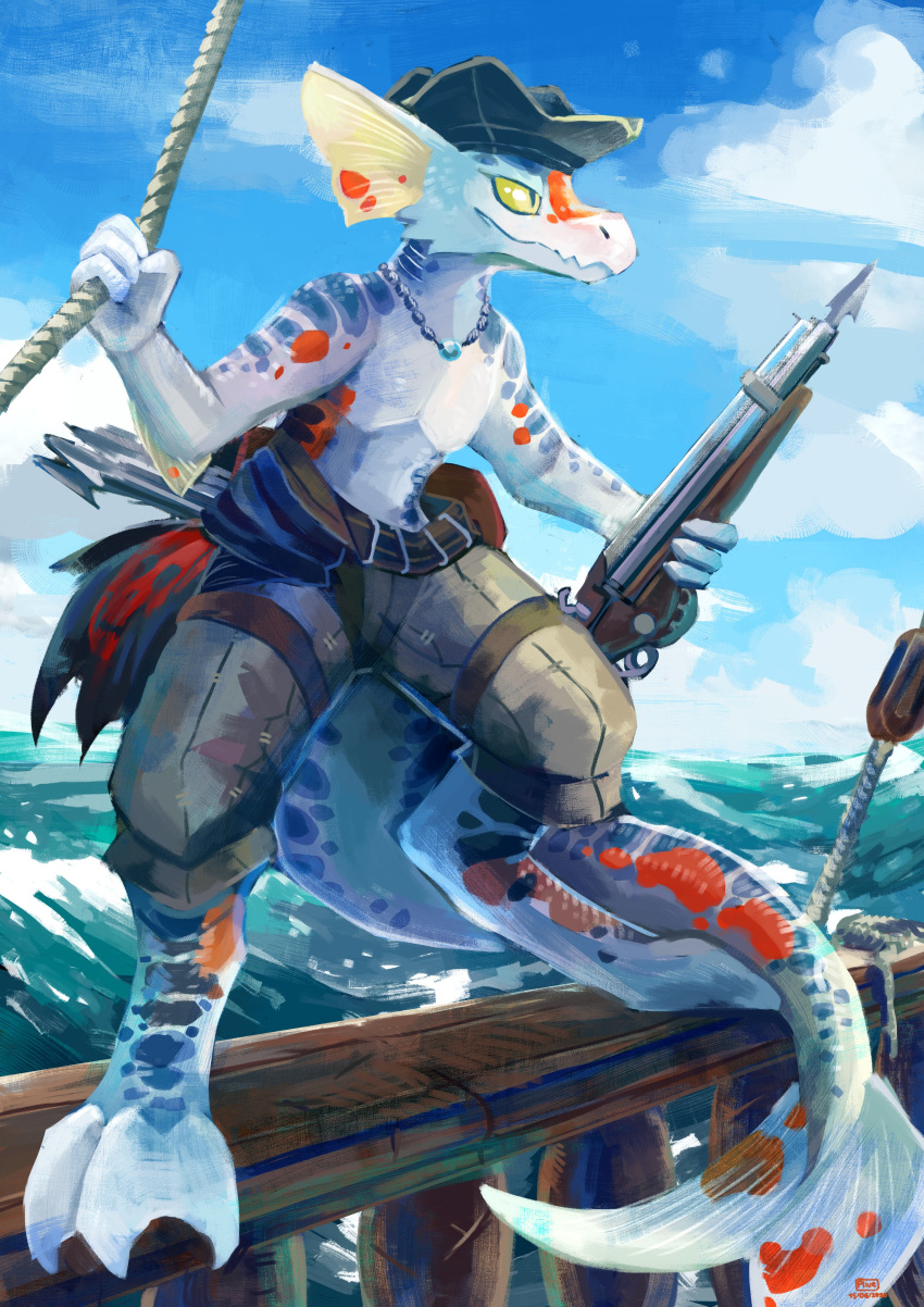 absurd_res ambiguous_gender amur_carp anthro carp clothing cyprinid cypriniform ear_fins fin fish gun harpoon_gun hat headgear headwear hi_res hybrid jewelry kobold koi marine mottled necklace outside pirate plive ranged_weapon sea ship solo typical_carp vehicle water watercraft weapon yellow_eyes