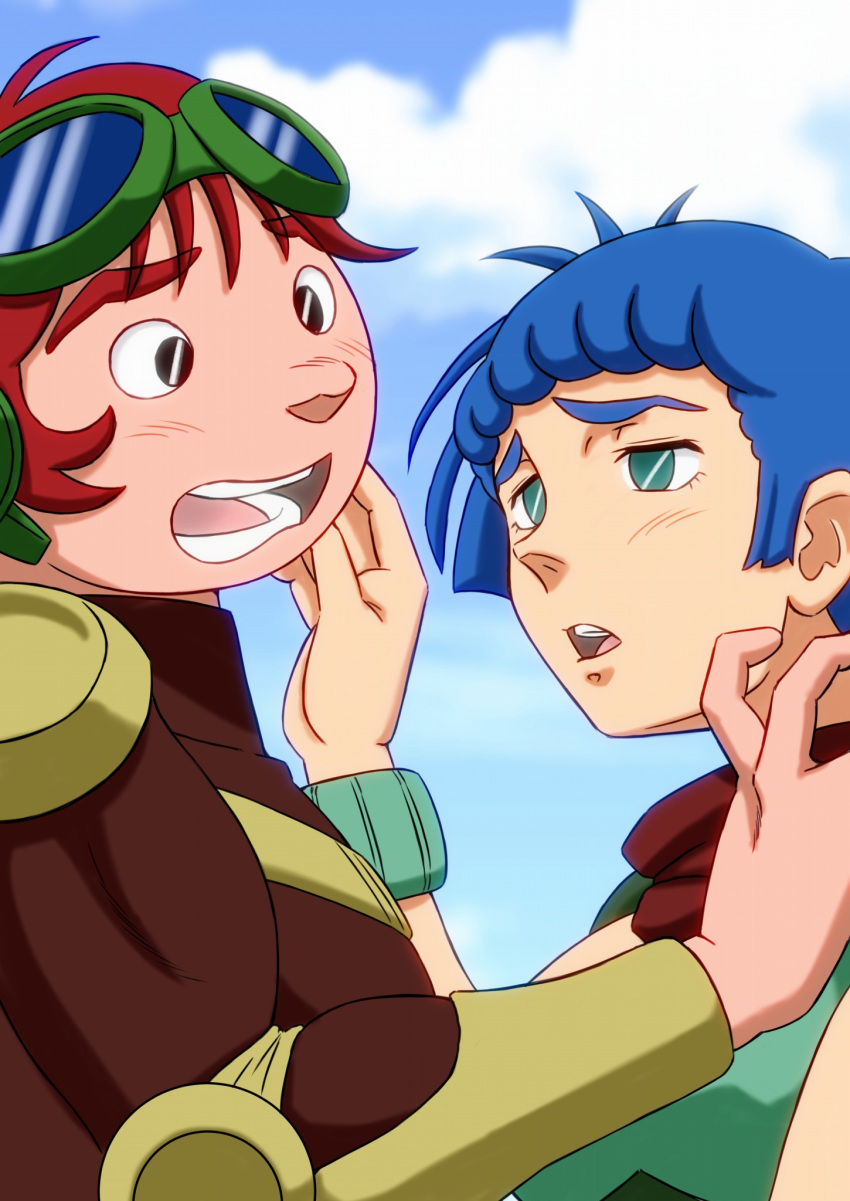 1boy 1girl :o aqua_eyes black_eyes blue_hair blush day eye_contact hand_up hetero highres jiron_amos looking_at_another outdoors rag_uralo red_hair sentou_mecha_xabungle short_hair thick_eyebrows wristband yamabata_mami