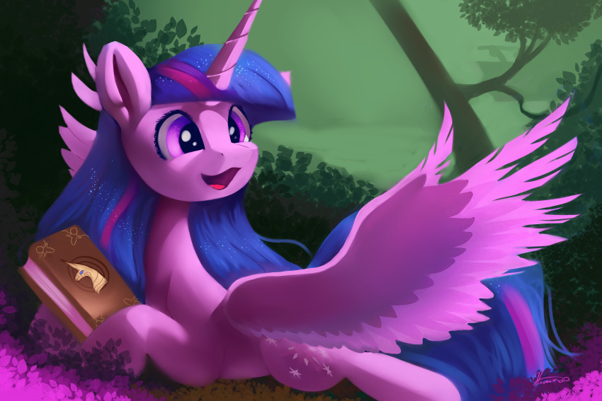 2020 3:2 absurd_res auroriia book equid equine eyelashes feathered_wings feathers female feral friendship_is_magic grass happy hasbro hi_res horn horse lying mammal my_little_pony open_mouth open_smile pony purple_body purple_eyes smile solo tree twilight_sparkle_(mlp) winged_unicorn wings