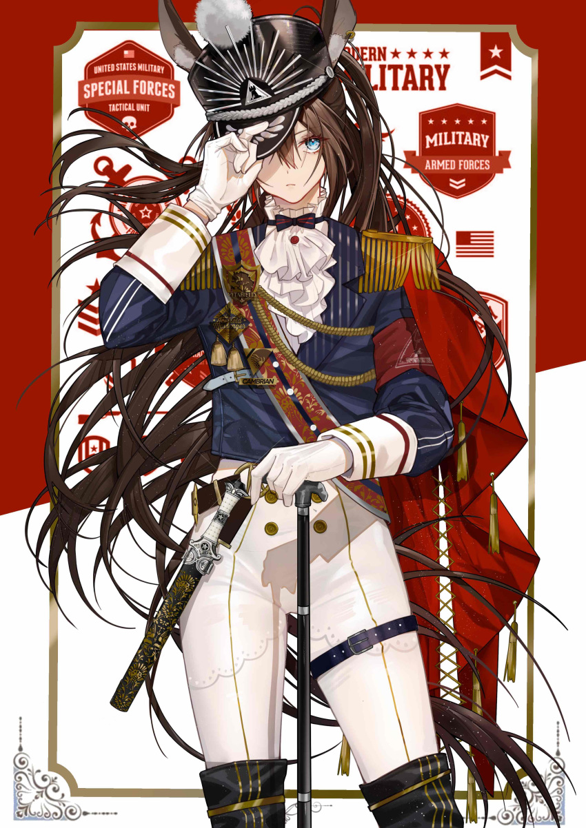 1girl absurdres american_flag amiya_(arknights) anchor_symbol animal_ear_fluff animal_ears arknights armband background_text bangs belt belt_buckle blue_jacket boots bow bowtie braid brown_hair buckle bunny_ears buttons cane cape chinese_commentary clothing_request collared_jacket cowboy_shot dagger earrings english_text epaulettes frills glint gloves hand_on_cane hand_on_headwear hat hat_over_one_eye highres jacket jewelry light_frown long_hair medal military_hat multicolored multicolored_background paneled_background pants pinstripe_pattern pom_pom_(clothes) rhodes_island_logo sash sheath sheathed shiny skull sleeve_cuffs solo star_(symbol) stitches striped tagme tassel thigh_strap very_long_hair weapon white_gloves yolanda_(8349252)