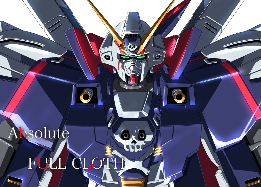 absurdres character_name close-up crossbone_gundam crossbone_gundam_x-1_full_cloth glowing glowing_eyes green_eyes gundam highres mecha no_humans pirate science_fiction skull_and_crossbones solo tyuuboutyauyo v-fin white_background