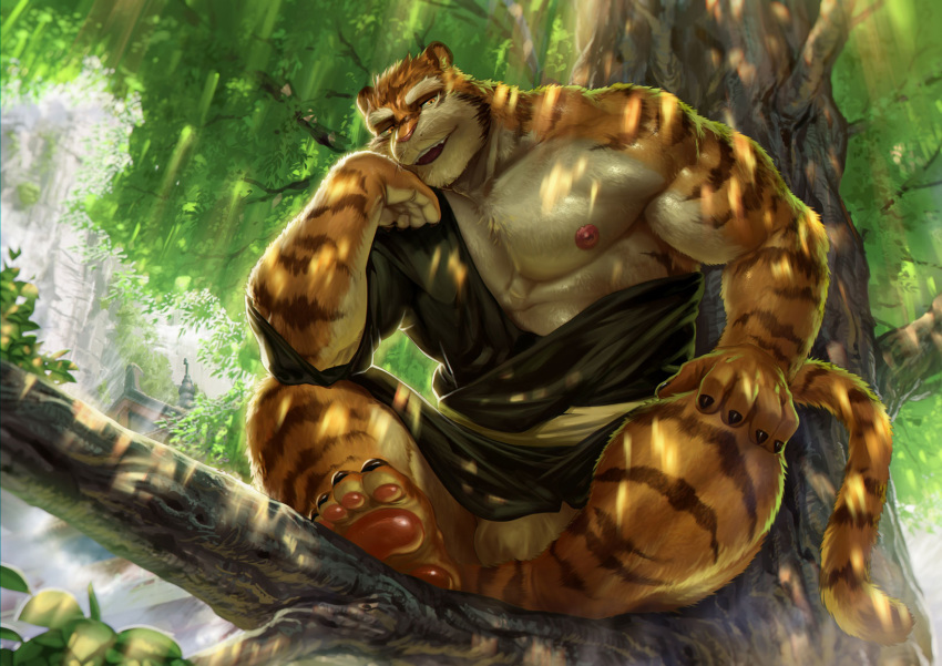 2020 5_fingers anthro asian_clothing biceps black_clothing black_robe branch brown_body brown_fur bulge clothing day detailed detailed_background digital_media_(artwork) felid fingers fur hi_res leaf looking_at_viewer male mammal mostly_nude multicolored_body multicolored_fur muscular muscular_anthro muscular_male nipples nviek5 open_mouth orange_body orange_fur orange_tail outside pantherine pawpads pecs robe robe_only sitting solo striped_body striped_fur striped_tail stripes tan_body tan_fur temple tiger tree yellow_eyes
