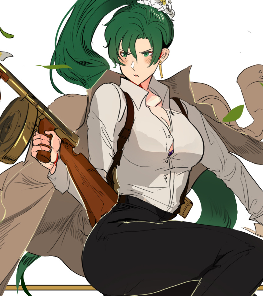 black_pants blush_stickers breasts brown_coat cleavage coat earrings fire_emblem fire_emblem:_the_blazing_blade flower frown furrowed_eyebrows green_eyes green_hair gun hair_flower hair_ornament highres jewelry lyn_(fire_emblem) ormille pants ponytail shirt submachine_gun suspenders thompson_submachine_gun weapon white_shirt