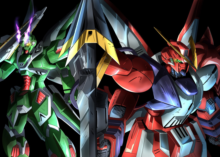 absurdres anchor_(mecha) black_background clenched_hand crossbone_gundam crossbone_gundam_dust crossbone_gundam_ghost glowing glowing_eyes green_eyes gundam highres looking_down mecha no_humans over_shoulder phantom_gundam skull tyuuboutyauyo v-fin yellow_eyes