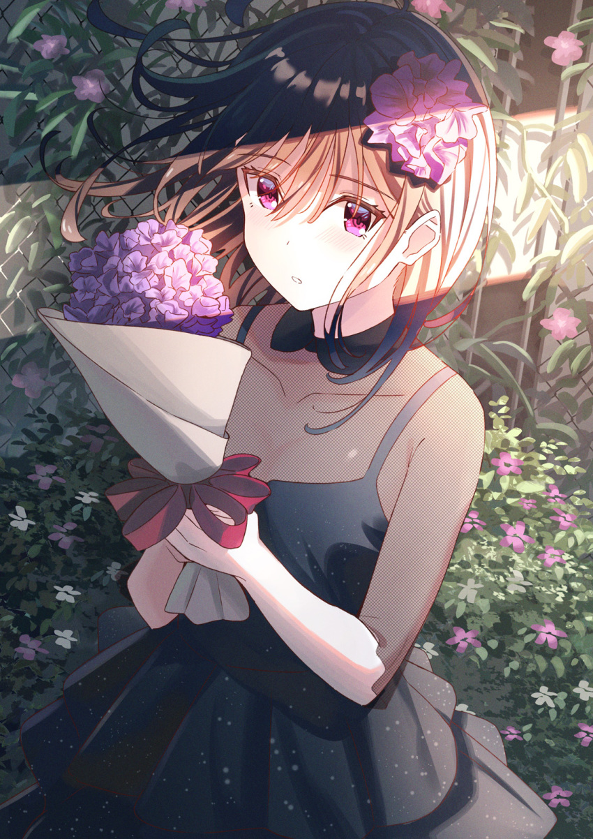 1girl bangs black_dress blush bouquet brown_hair collared_shirt commentary_request dress eyebrows_visible_through_hair floating_hair flower hair_between_eyes hair_flower hair_ornament highres holding holding_bouquet koh_rd long_hair original parted_lips pleated_dress purple_flower red_eyes shirt short_sleeves sleeveless sleeveless_dress solo standing white_flower