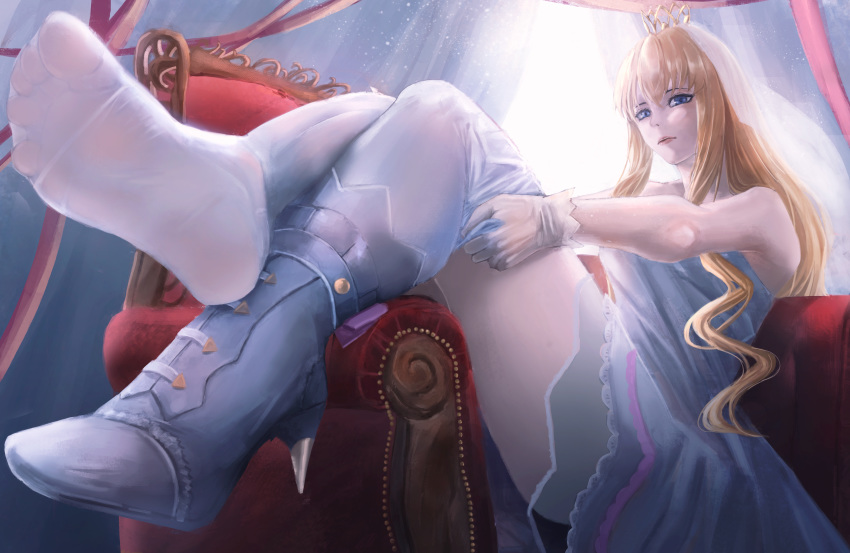 1girl absurdres blonde_hair blue_eyes blush boots boots_removed crown dress feet highres huge_filesize legs lips long_hair no_shoes original rito_(ritoxiaying) shoes soles thighhighs white_dress white_legwear