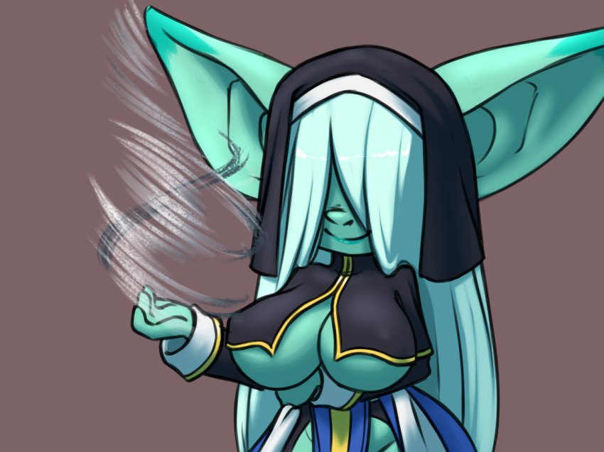 big_breasts big_ears breasts brown_background clothed clothing female furball_(artist) goblin green_body green_skin hair_over_eyes humanoid meeya_(furball) nun simple_background smile solo