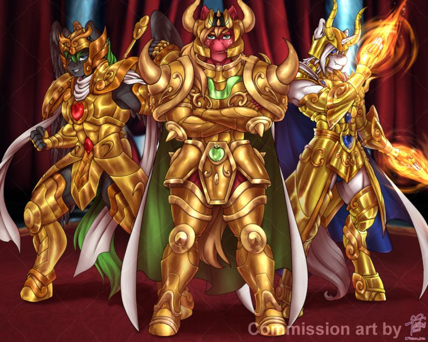 armor big_macintosh_(mlp) equid equine fan_character fire friendship_is_magic hasbro horn horned_helmet horse knighthoof_(oc) magic mammal my_little_pony pegasus pony pose saint_seiya standing tatara94 ultima_(oc) unicorn wings