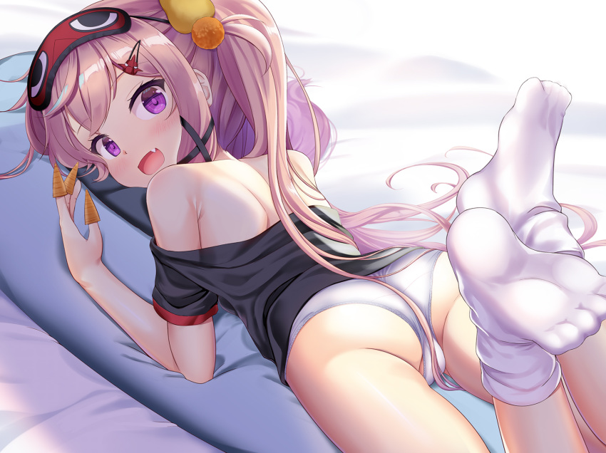 1girl :d ass azur_lane bangs bare_shoulders bed_sheet black_shirt blush bugles commentary_request convenient_censoring eyebrows_visible_through_hair fang food_on_finger hair_ornament hairclip highres legs_up long_hair looking_at_viewer looking_back mask mask_on_head niiya off_shoulder open_mouth panties pink_hair purple_eyes shirt short_sleeves sleep_mask smile socks soles solo twintails underwear very_long_hair white_legwear white_panties z26_(azur_lane) z26_(sharing_is_caring)_(azur_lane)
