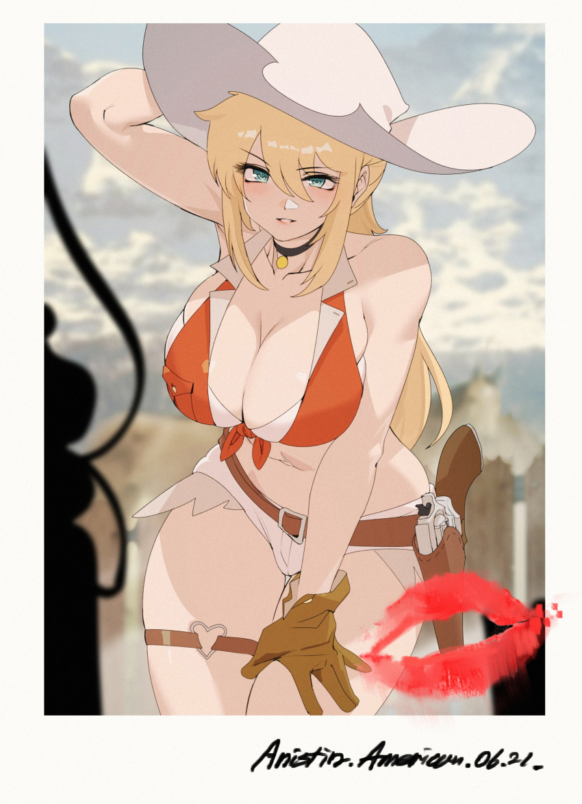 1girl absurdres academy_cowboy_ga_doeda arm_behind_head belt blonde_hair blue_eyes breasts brown_belt brown_gloves choker cleavage cowboy_hat gloves hand_on_own_thigh hat highres jin_rou large_breasts lipstick_mark long_hair looking_at_viewer official_art polaroid short_shorts shorts sky solo thigh_strap western white_headwear white_shorts