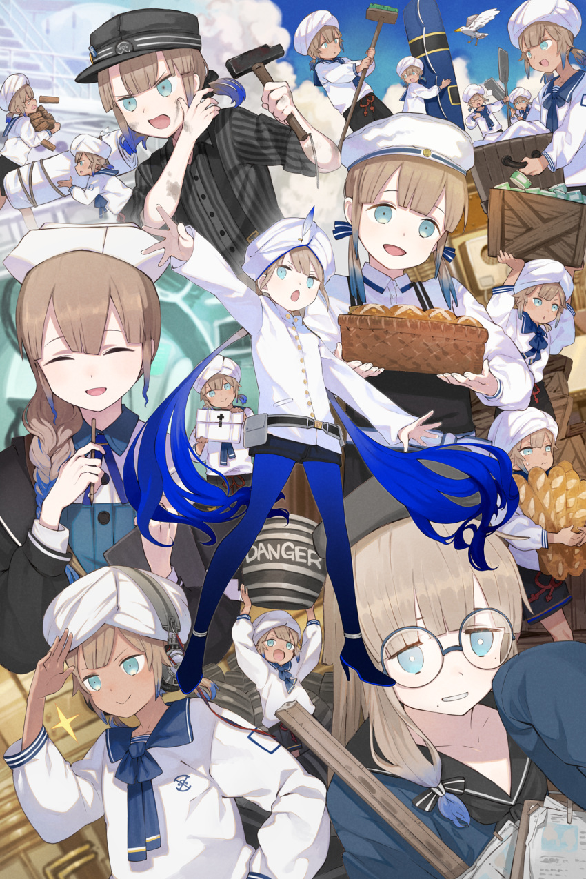 baguette bangs bird black_headwear black_jacket black_shorts blonde_hair blue_eyes blue_footwear blue_hair blue_legwear blush braid bread broom brown_hair captain_nemo_(fate/grand_order) cloud collared_shirt commentary_request dress_shirt fate/grand_order fate_(series) food gender_request glasses gradient gradient_hair gradient_legwear hammer hat high_heels highres holding holding_broom holding_food holding_hammer jacket long_hair long_sleeves looking_at_viewer multicolored_hair open_mouth paint_on_face pantyhose shirt short_ponytail short_sleeves shorts smile striped striped_shirt tetsu_(teppei) turban twintails white_headwear white_jacket