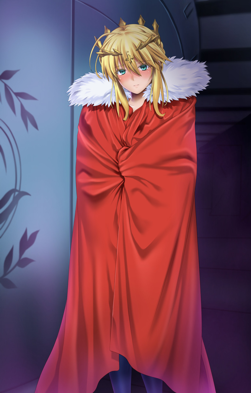 1girl ahoge artoria_pendragon_(all) artoria_pendragon_(lancer) blonde_hair blue_legwear blush braid cape crown cyclone eyebrows_visible_through_hair fate/grand_order fate_(series) french_braid fur-trimmed_cape fur_trim green_eyes hallway highres looking_at_viewer solo