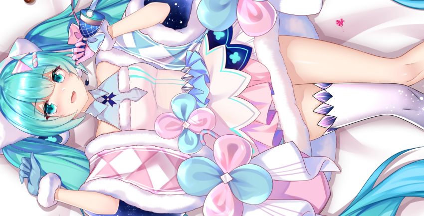 22jigen aqua_eyes aqua_hair bell blush bow candy dress gloves hat hatsune_miku headphones lollipop long_hair magical_mirai_(vocaloid) microphone scarf stars twintails vocaloid zettai_ryouiki