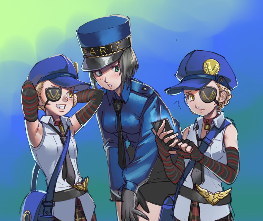 3girls black_hair blonde_hair blue_headwear blue_shirt braid caroline_(persona_5) choker cosplay costume_switch eyepatch fingerless_gloves gloves green_eyes highres justine_(persona_5) marie_(persona_4) multiple_girls necktie persona persona_4 persona_4_the_golden persona_5 poechan_chan shirt simple_background white_shirt yellow_eyes