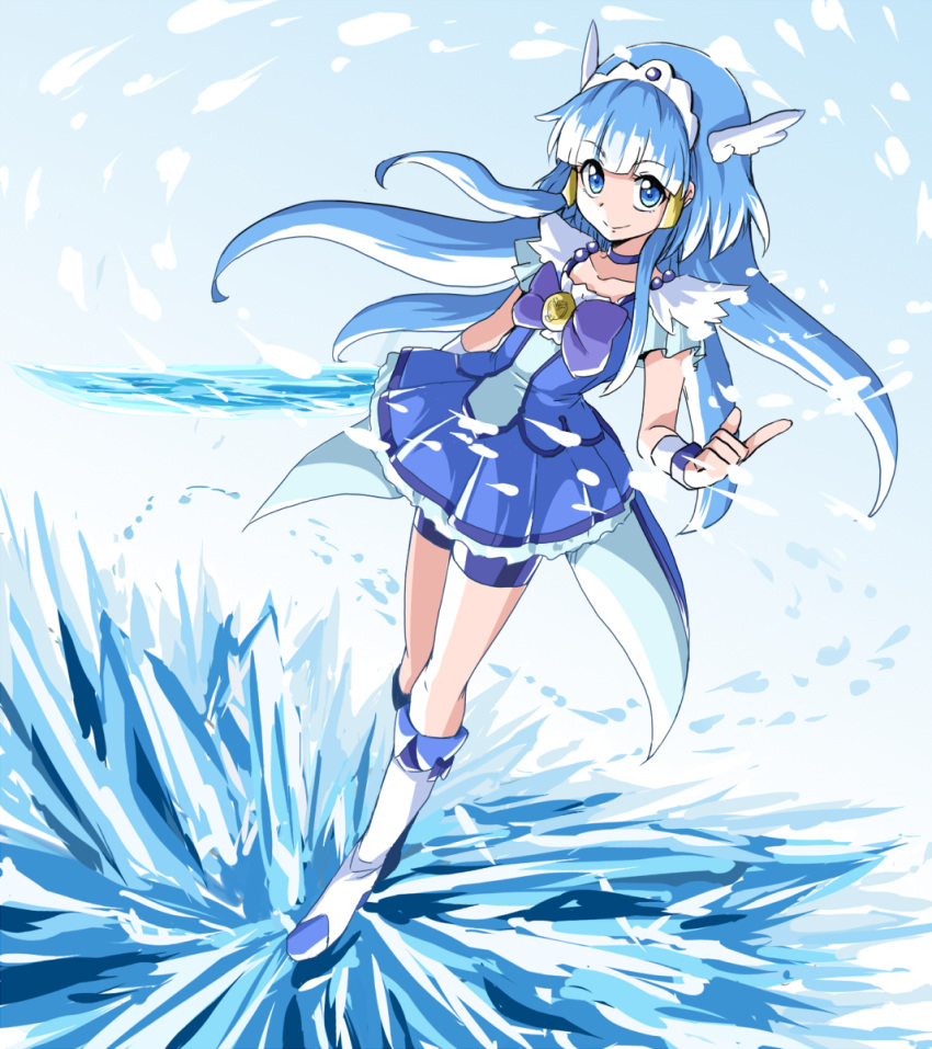 1girl aoki_reika bike_shorts blue_background blue_bow blue_eyes blue_hair blue_shorts blue_skirt blue_theme boots bow bowtie brooch closed_mouth crystal_sword cure_beauty full_body hair_tubes highres ice jewelry knee_boots long_hair looking_at_viewer magical_girl precure shorts shorts_under_skirt sidelocks skirt smile smile_precure! solo standing sword uraki weapon white_footwear wrist_cuffs