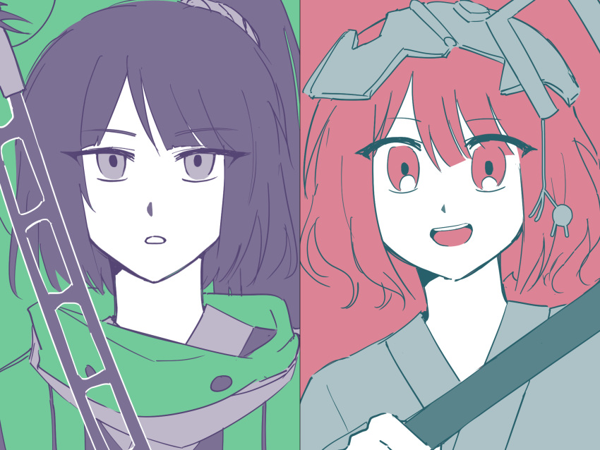 2others adagumo_no_yaorochi androgynous black_hair black_kimono blue_kimono blunt_bangs commentary dot_nose double-parted_bangs expressionless eyelashes flat_color green_background green_jacket green_scarf grey_eyes grey_scarf grey_scrunchie hair_between_eyes hair_ornament hair_scrunchie hangman_(game) happy high_side_ponytail highres holding holding_sword holding_toy holding_weapon jacket japanese_clothes jinbaori katano_sukune kimono len'en limited_palette long_hair multiple_others open_mouth other_focus pale_skin parted_lips prehensile_tail re1re133 red_background red_eyes red_hair scarf scrunchie short_hair smile snake_tail straight-on sword sword_of_kusanagi tail tasouken teeth toy two-tone_background upper_body upper_teeth_only weapon