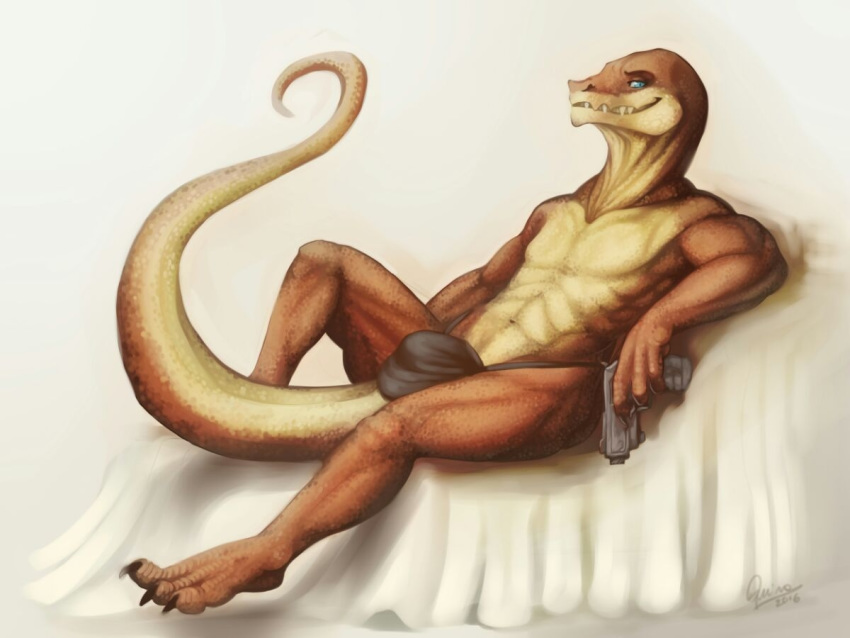 4:3 anthro bulge clothing crius fangs grimace grin gun male quirachen ranged_weapon reptile scalie serpntine smile snake solo thong underwear weapon