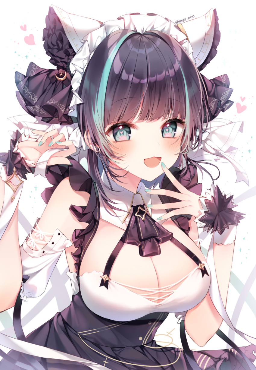 1girl animal_ears aqua_eyes aqua_hair azur_lane breasts cheshire_(azur_lane) cleavage detached_sleeves fake_animal_ears frilled_hairband frilled_headband frilled_ribbon frills hairband heart highres large_breasts long_ribbon maid maid_headdress multicolored_hair open_mouth puffy_detached_sleeves puffy_sleeves purple_apron purple_hair ribbon short_hair simple_background solo streaked_hair taya_5323203 wrist_cuffs