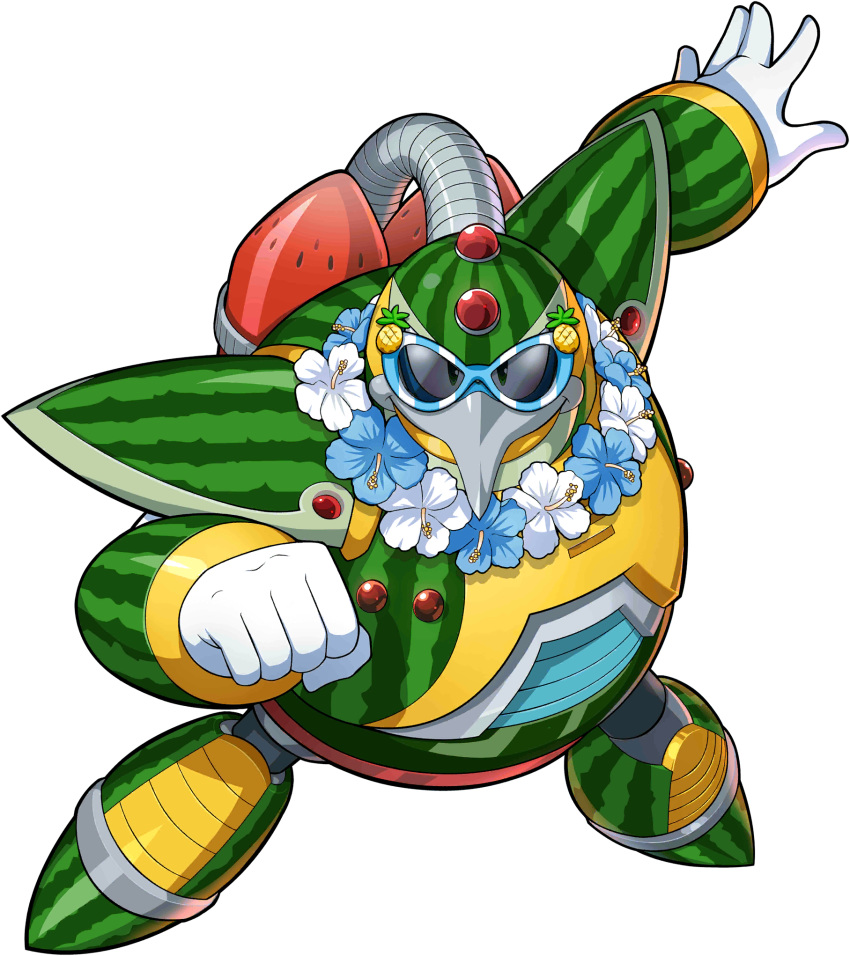 1boy android bird boss flower flower_necklace flower_neckwear food food_print fruit highres icy_penguigo jewelry looking_at_viewer male_focus mizuno_keisuke necklace official_alternate_costume official_art penguin pineapple robot rockman rockman_x rockman_x1 rockman_x_dive solo summer sunglasses third-party_source transparent_background watermelon watermelon_print