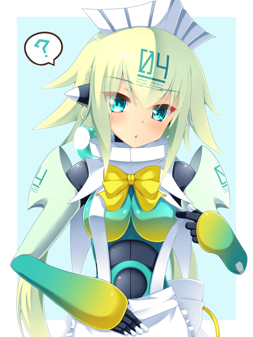1girl ? blush bodysuit bombergirl bow breasts emera_(bombergirl) eyebrows_visible_through_hair green_eyes green_hair highres houkiboshi large_breasts long_hair looking_at_viewer parted_lips solo speech_bubble spoken_question_mark upper_body yellow_bow