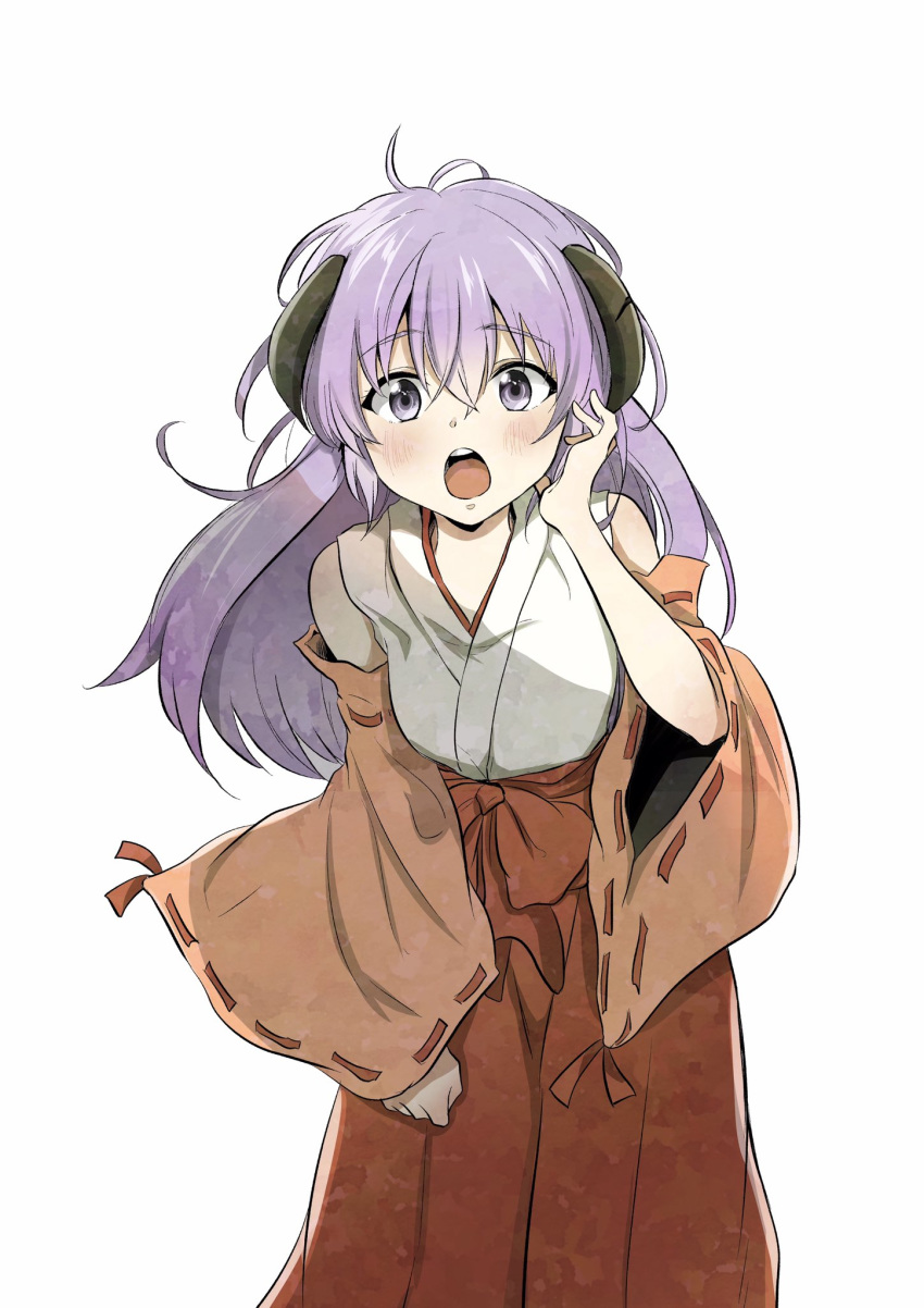 1girl hanyuu highres higurashi_no_naku_koro_ni horns japanese_clothes long_hair looking_at_viewer miko open_mouth purple_eyes purple_hair shosudo simple_background solo upper_teeth white_background