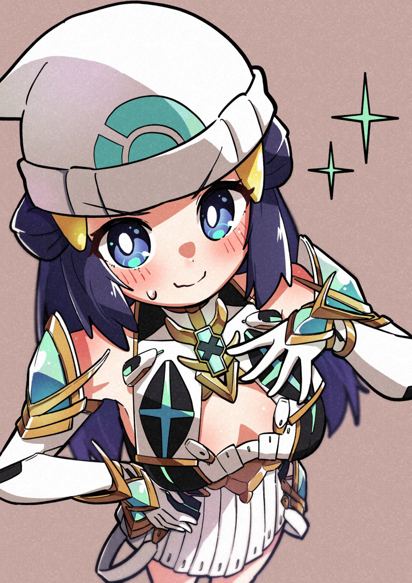 1girl alternate_costume bare_shoulders breasts chest_jewel cleavage cleavage_cutout clothing_cutout cosplay dawn_(pokemon) dress elbow_gloves embarrassed gloves highres merugamu_melgum mythra_(xenoblade) mythra_(xenoblade)_(cosplay) namesake pokemon pokemon_(game) pokemon_dppt solo white_dress white_gloves xenoblade_chronicles_(series) xenoblade_chronicles_2